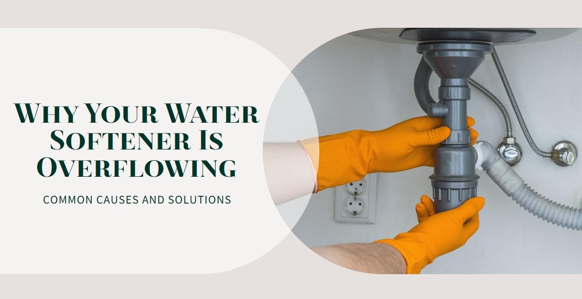 Image of a water softener overflowing. This is a common problem that can be caused by a clogged drain line, faulty control valve, or other factors. If your water softener is overflowing, it is important to troubleshoot the problem as soon as possible to prevent further damage.