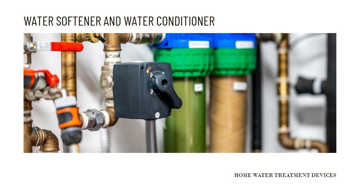 Image of a water softener and a water conditioner side by side. The water softener is labeled "Water Softener" and the water conditioner is labeled "Water Conditioner".