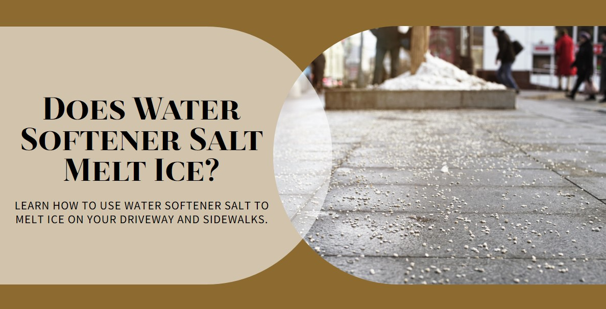 Water softener salt melting ice on driveway. This image illustrates the use of water softener salt to melt ice. It is a safe and effective way to clear ice from driveways, sidewalks, and walkways.