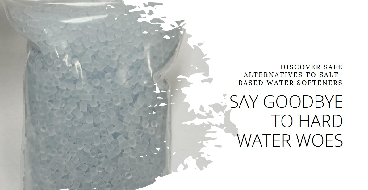 Acontainer of potassium chloride, a safe alternative to water softener salt. The text "Safe Alternatives to Water Softener Salt" is overlaid on the image.